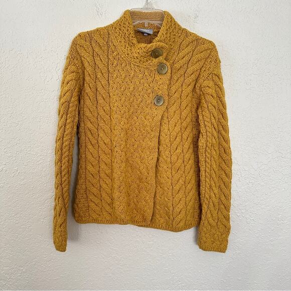 Aran Crafts Wool Trellis Cable Cardigan Mustard Yellow XS - Picture 2 of 6